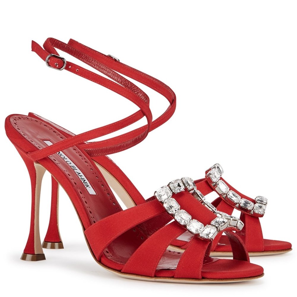 Manolo Blahnik TICUNA Crystal Buckle Crepe de Chine Strap Leather Sandals IT37
